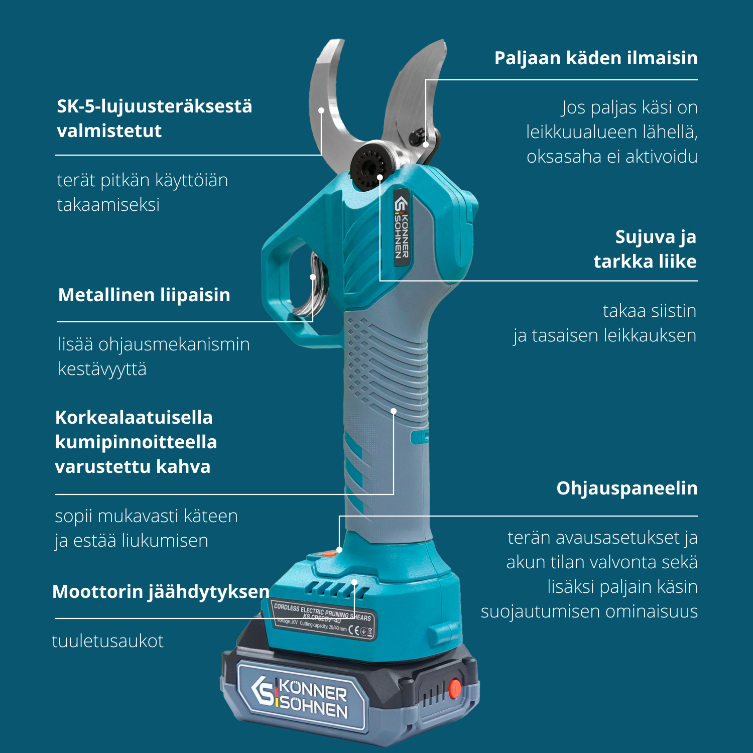 Johdottomat sähköiset oksasakset KS CPS20V-40 Case